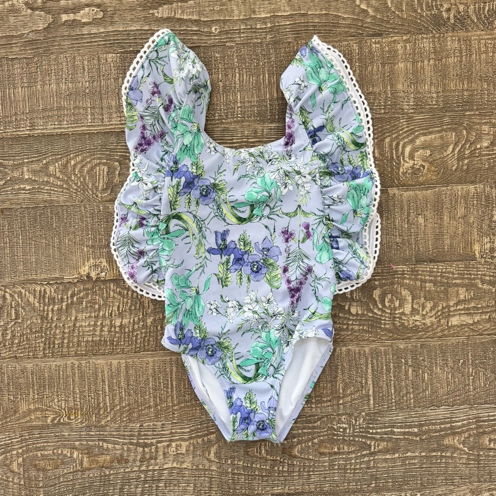 Janie and Jack Floral Ruffle One Piece Swimsuit Lavender Fields 4 NWOT - Picture 2 of 9